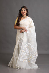 White self with beige colour floral handwoven muslin silk jamdani saree - Tamal Boutique