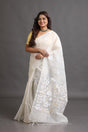 White self with beige colour floral handwoven muslin silk jamdani saree - Tamal Boutique