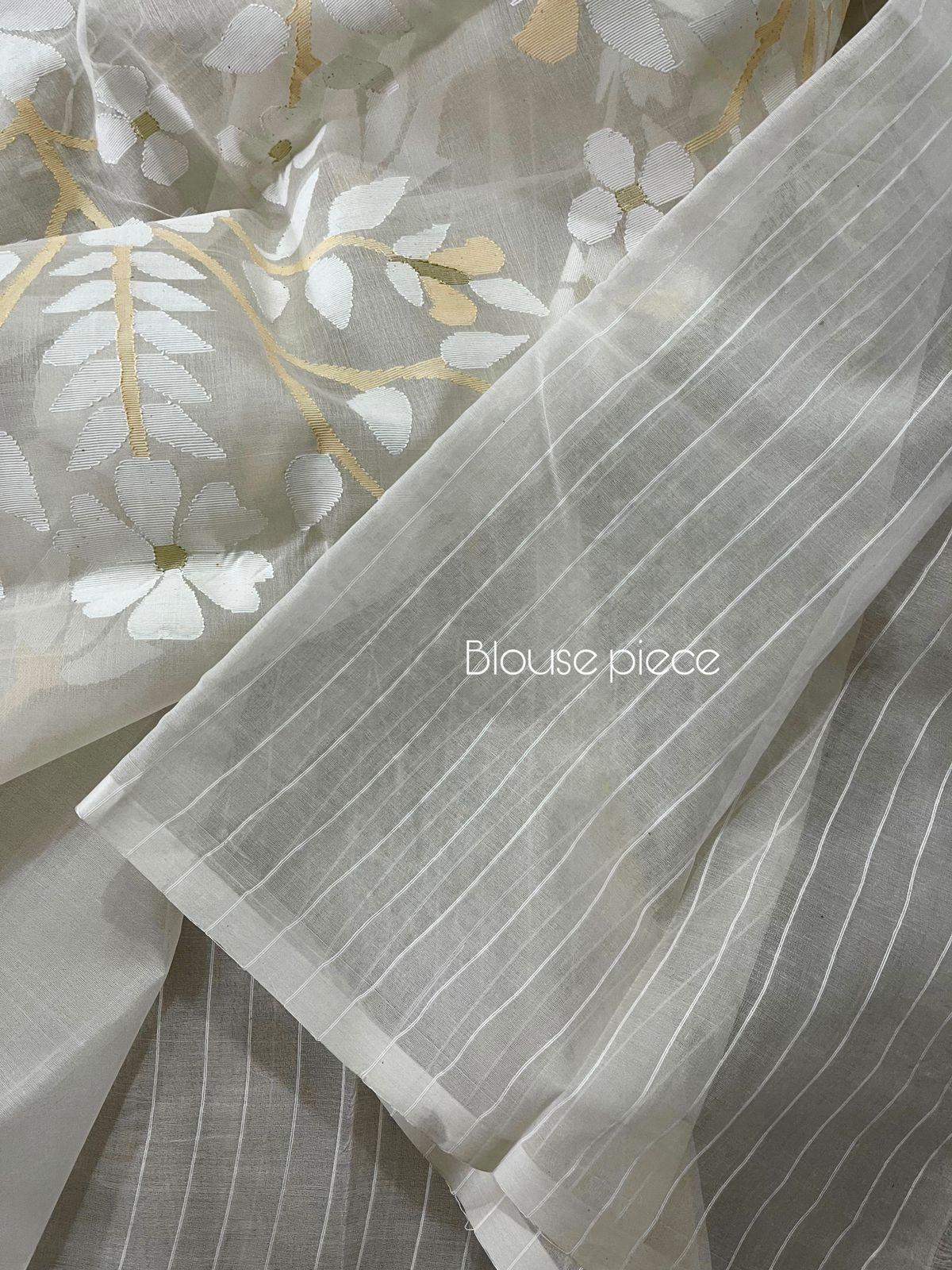 White self with beige colour floral handwoven muslin silk jamdani saree - Tamal Boutique