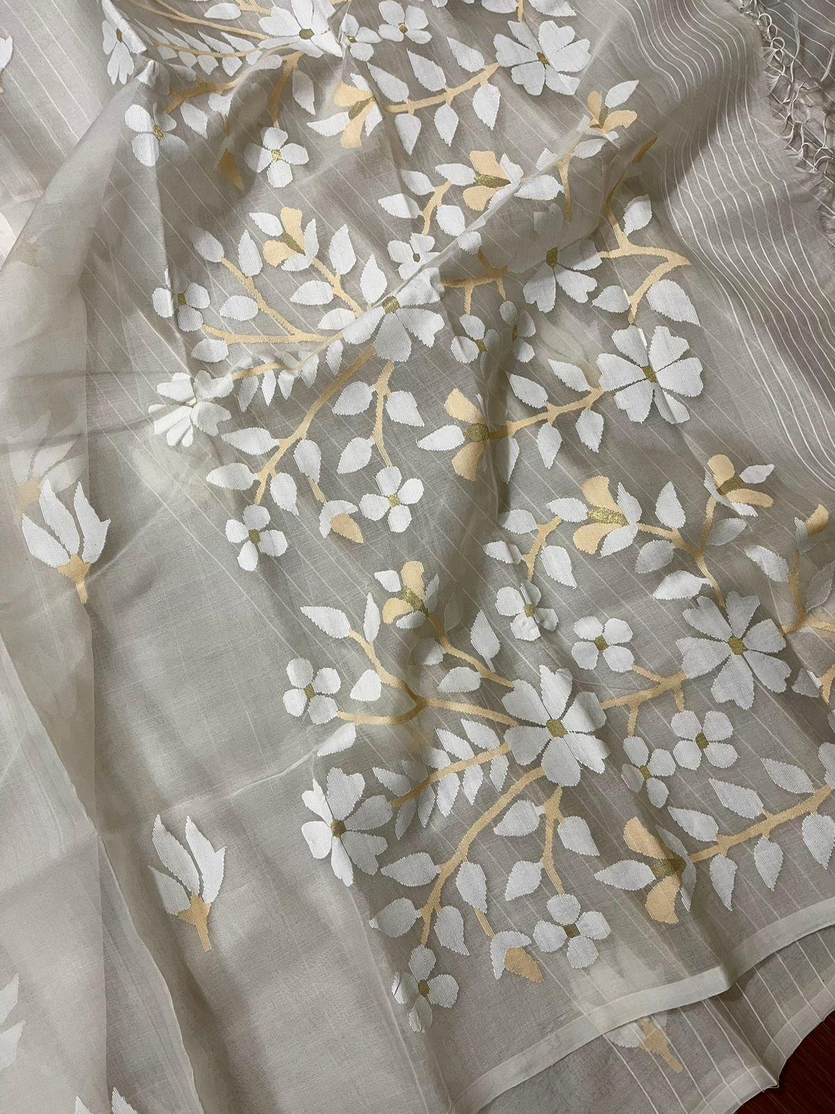 White self with beige colour floral handwoven muslin silk jamdani saree - Tamal Boutique