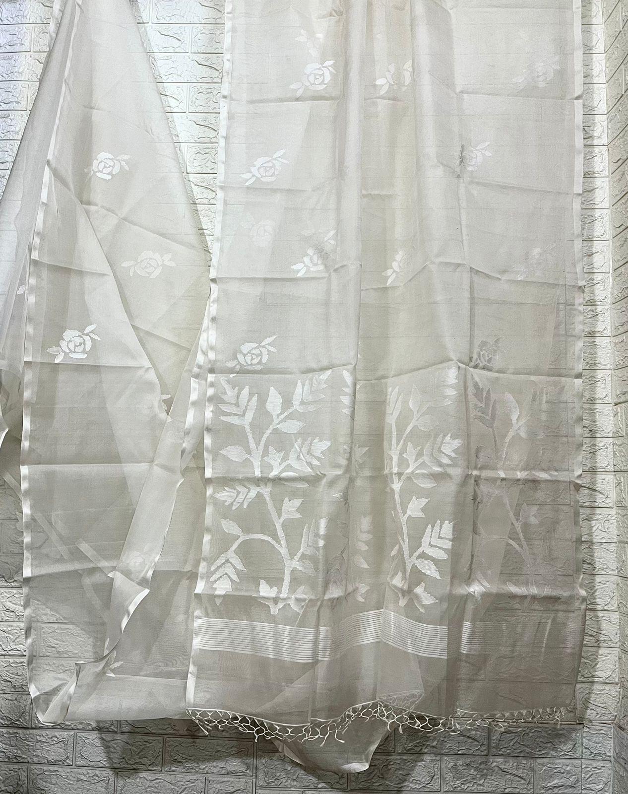 White self rose motifs handwoven muslin silk jamdani saree - Tamal Boutique