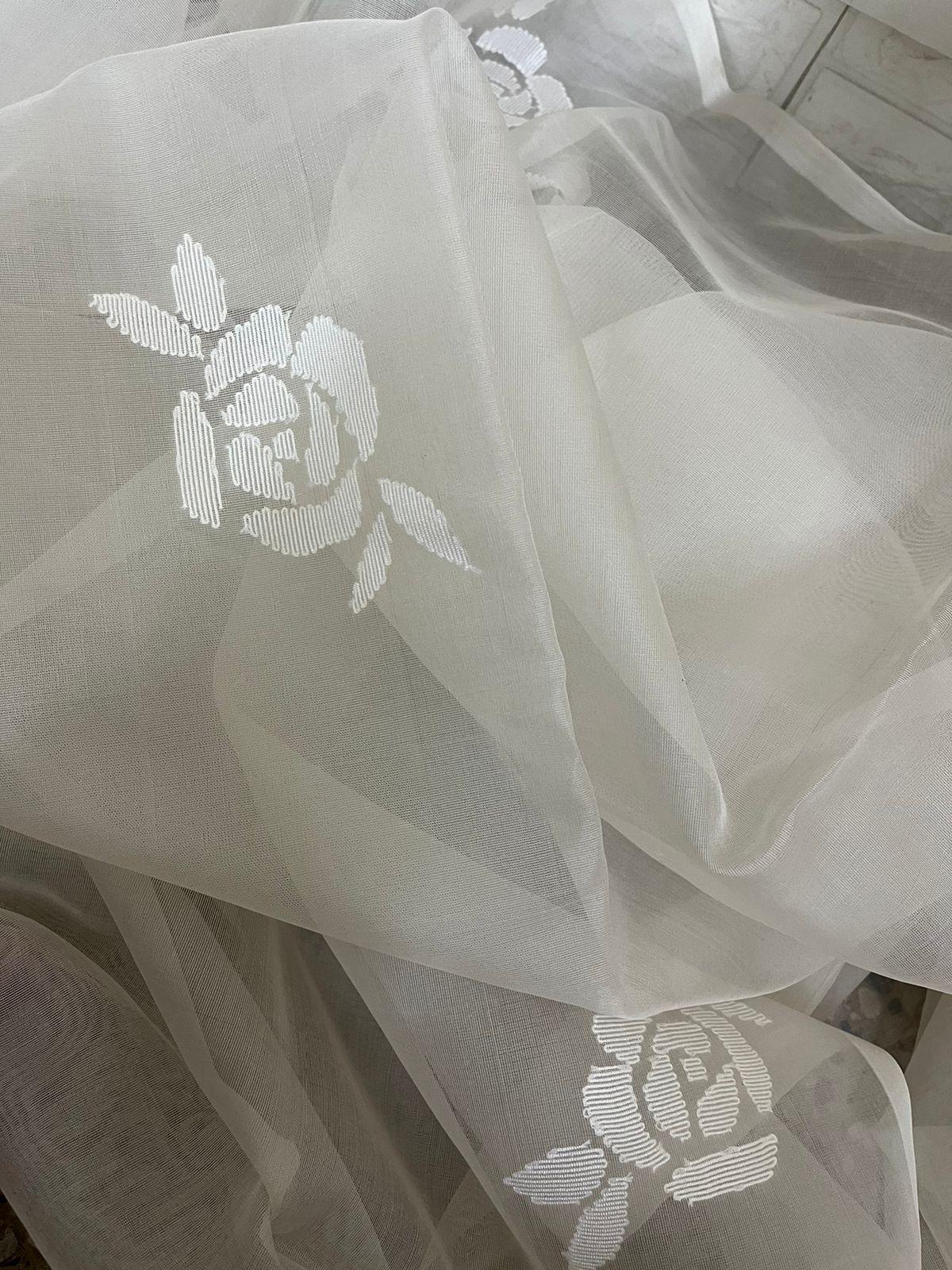 White self rose motifs handwoven muslin silk jamdani saree - Tamal Boutique