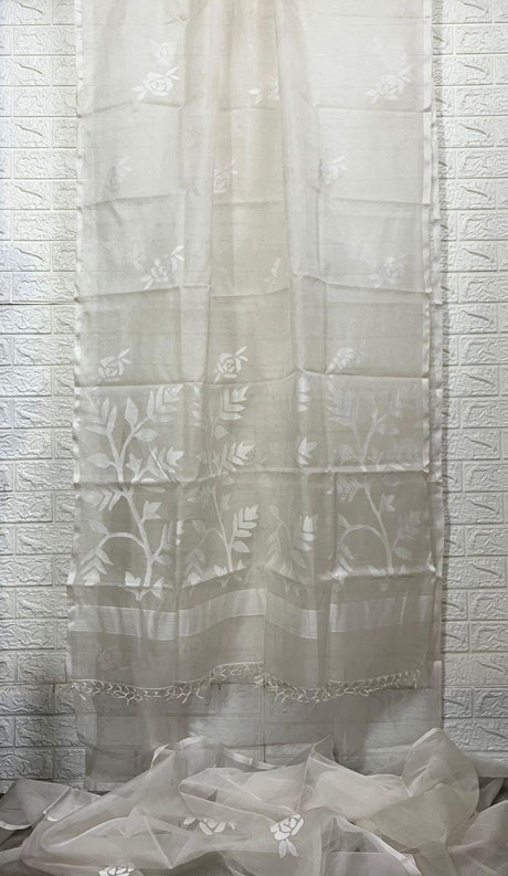 White self rose motifs handwoven muslin silk jamdani saree - Tamal Boutique