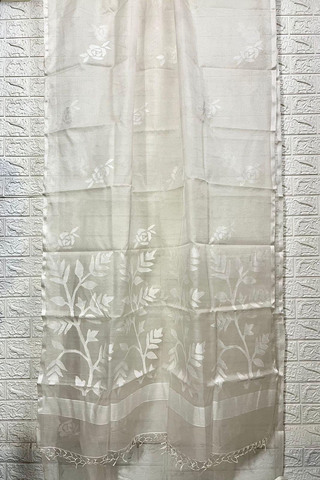 White self rose motifs handwoven muslin silk jamdani saree - Tamal Boutique