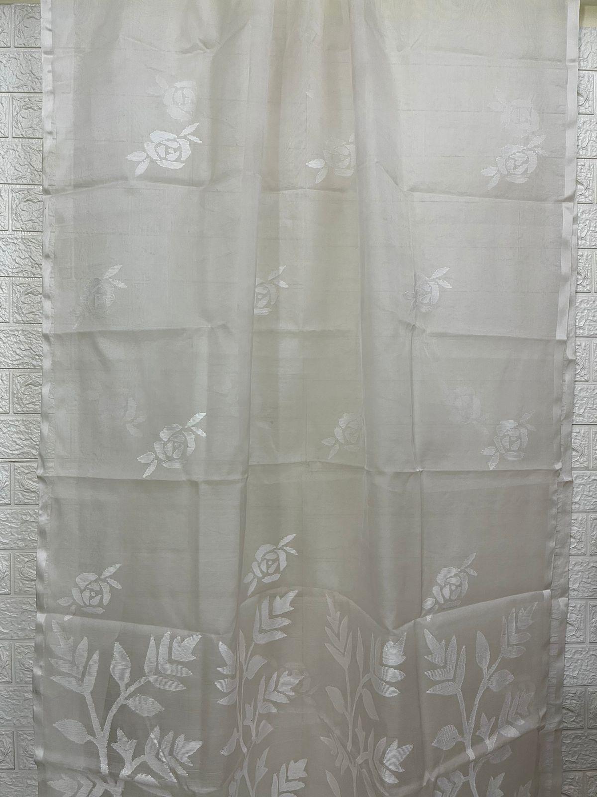 White self rose motifs handwoven muslin silk jamdani saree - Tamal Boutique