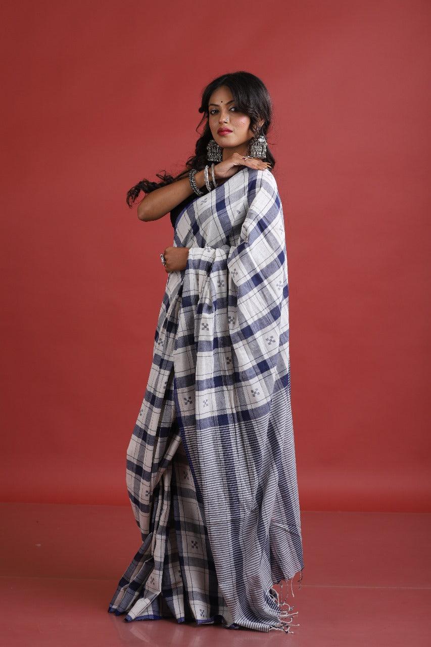 White with Blue color check pure cotton handwoven jamdani saree