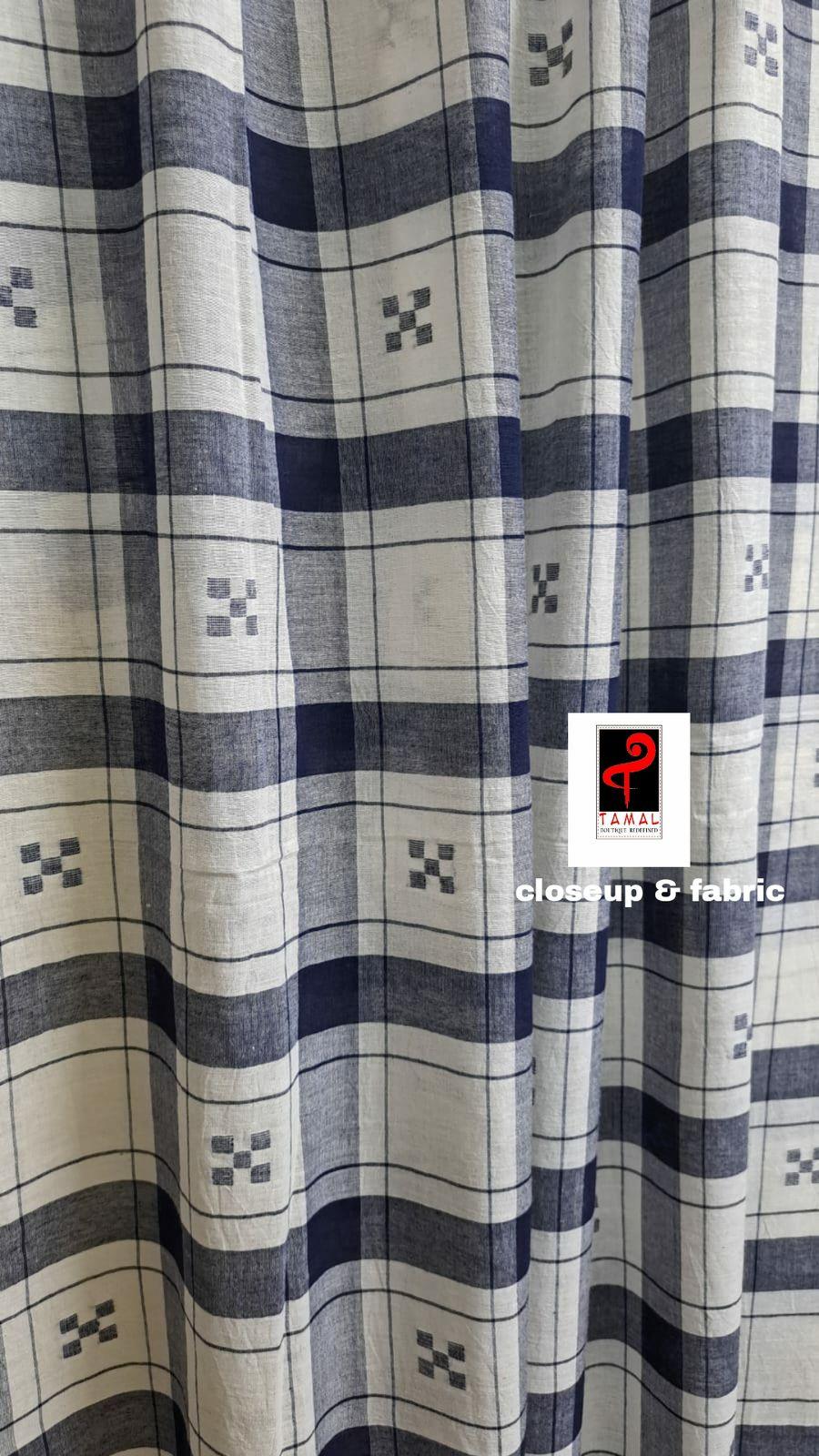 White with Blue color check pure cotton handwoven jamdani saree