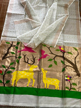 White with zari border paithani sequins handwoven jamdani saree - Tamal Boutique