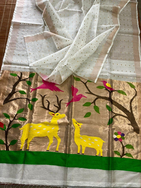 White with zari border paithani sequins handwoven jamdani saree - Tamal Boutique
