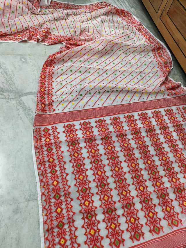 White with red and other colour soft handloom dhakai jamdani saree - Tamal Boutique