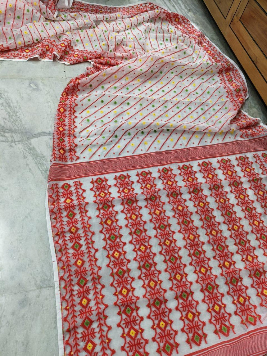 White with red and other colour soft handloom dhakai jamdani saree - Tamal Boutique