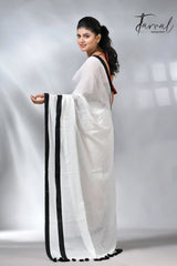 White with black colour border in mul cotton handloom saree