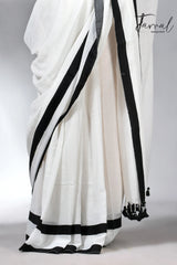 White with black colour border in mul cotton handloom saree