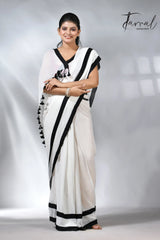 White with black colour border in mul cotton handloom saree