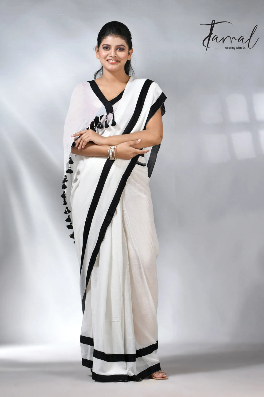 White with black colour border in mul cotton handloom saree