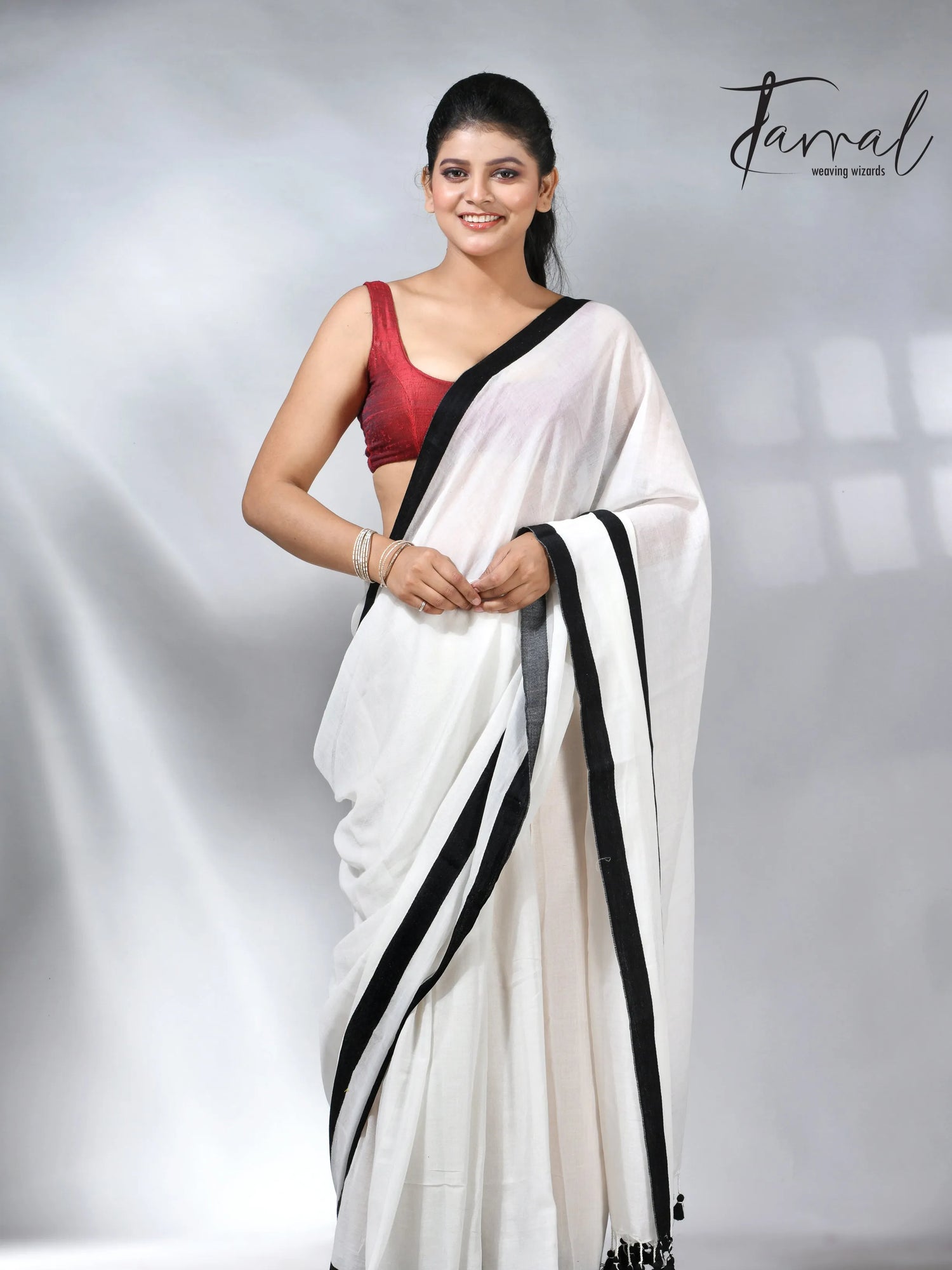 White with black colour border mul cotton handloom saree