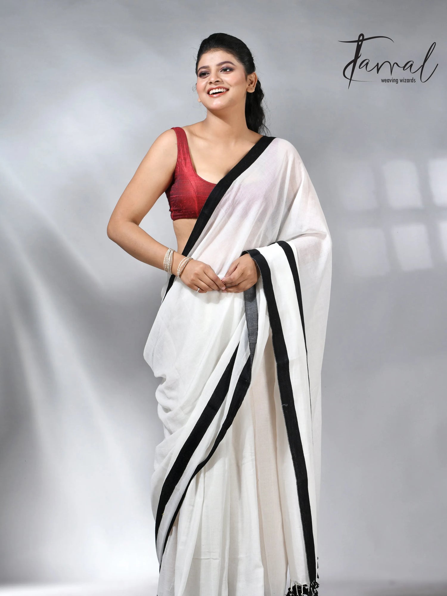 White with black colour border mul cotton handloom saree