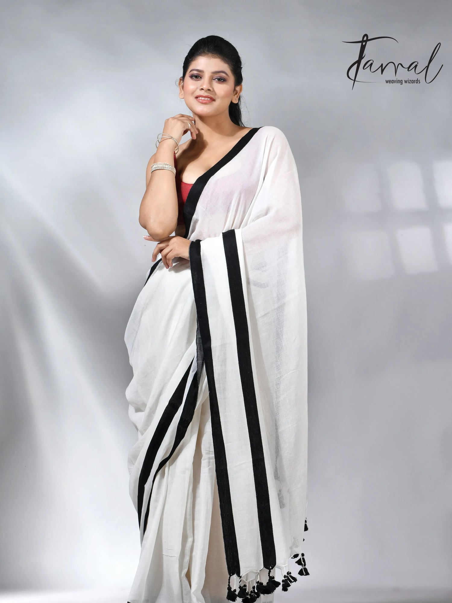 White with black colour border mul cotton handloom saree