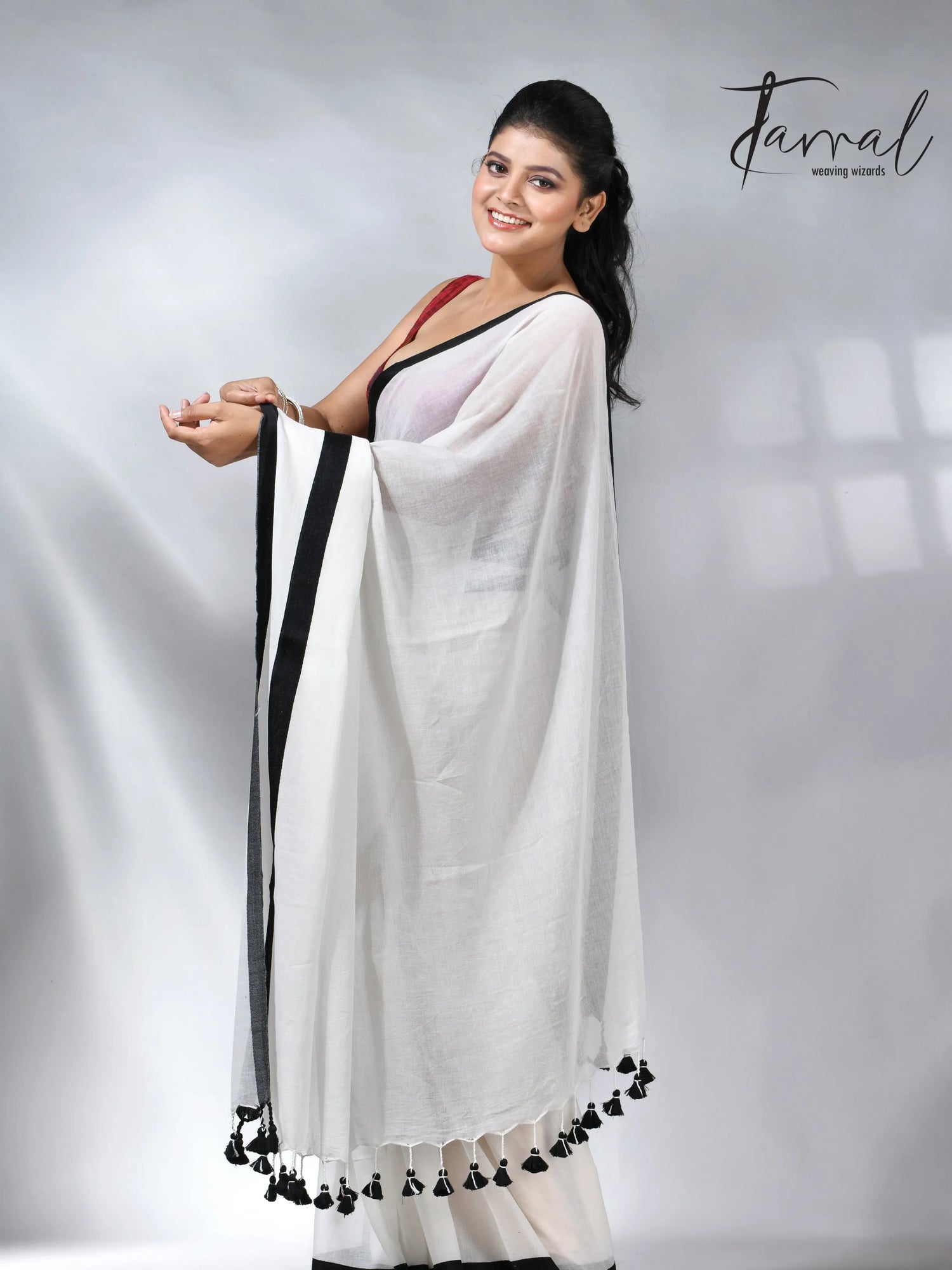 White with black colour border mul cotton handloom saree