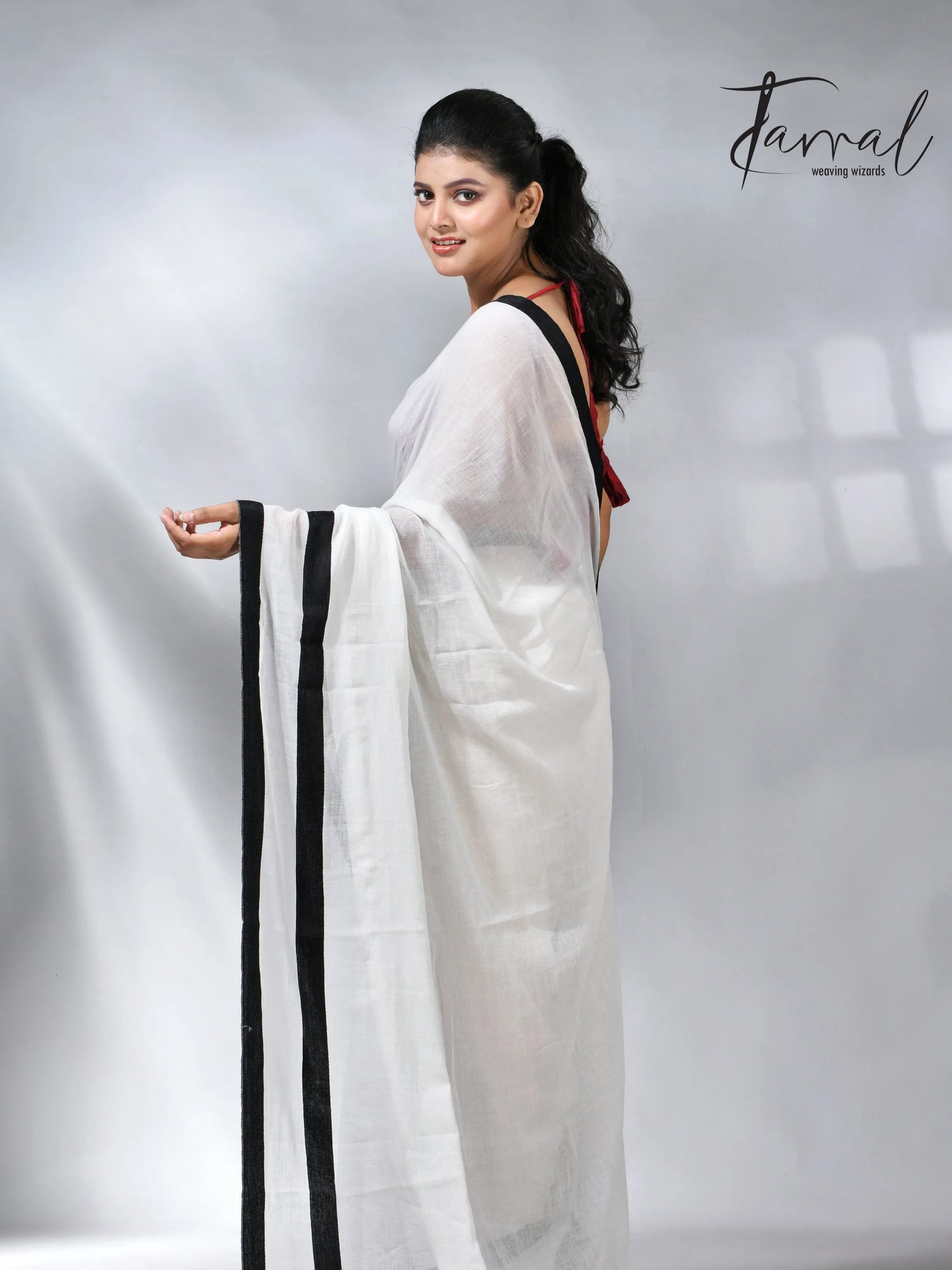 White with black colour border mul cotton handloom saree