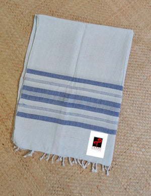 White with blue handcrafted cotton towel ( single ) - Tamal Boutique