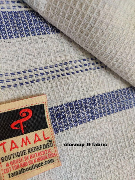 White with blue handcrafted cotton towel ( single ) - Tamal Boutique