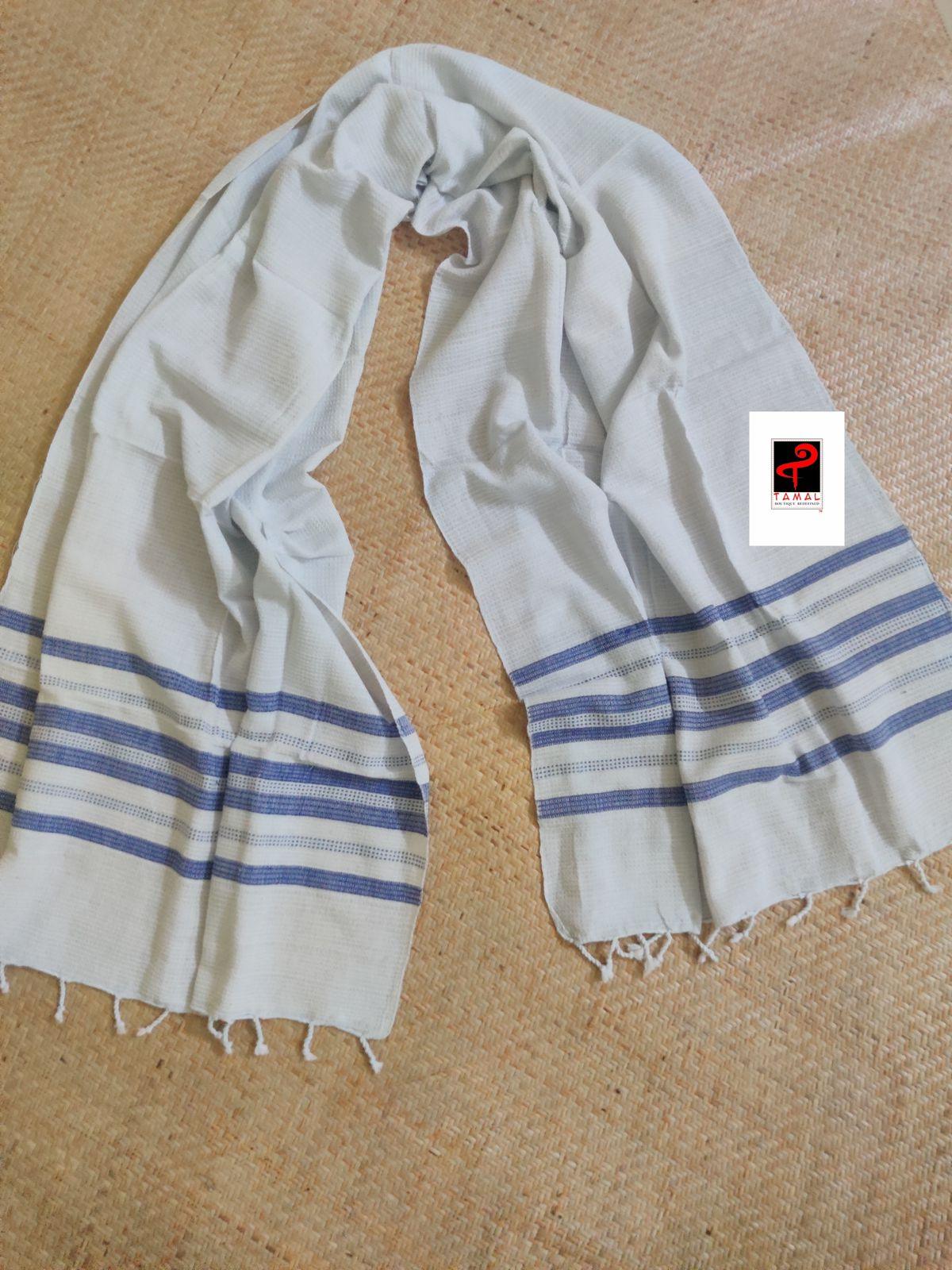 White with blue handcrafted cotton towel ( Pair ) - Tamal Boutique