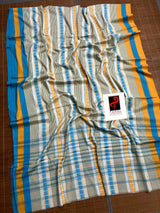 White with firoza and yellow dhonekhali cotton handloom saree - Tamal Boutique