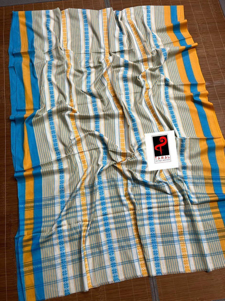 White with firoza and yellow dhonekhali cotton handloom saree - Tamal Boutique