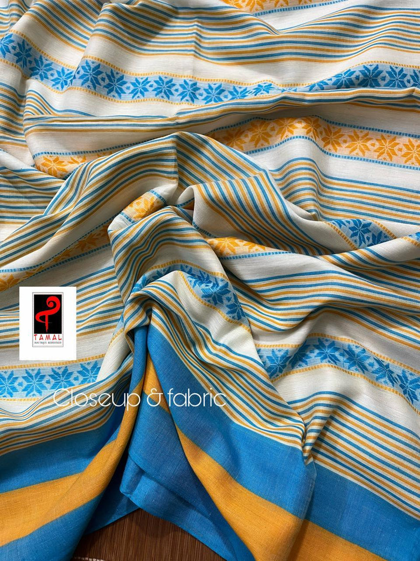 White with firoza and yellow dhonekhali cotton handloom saree - Tamal Boutique