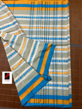 White with firoza and yellow dhonekhali cotton handloom saree - Tamal Boutique
