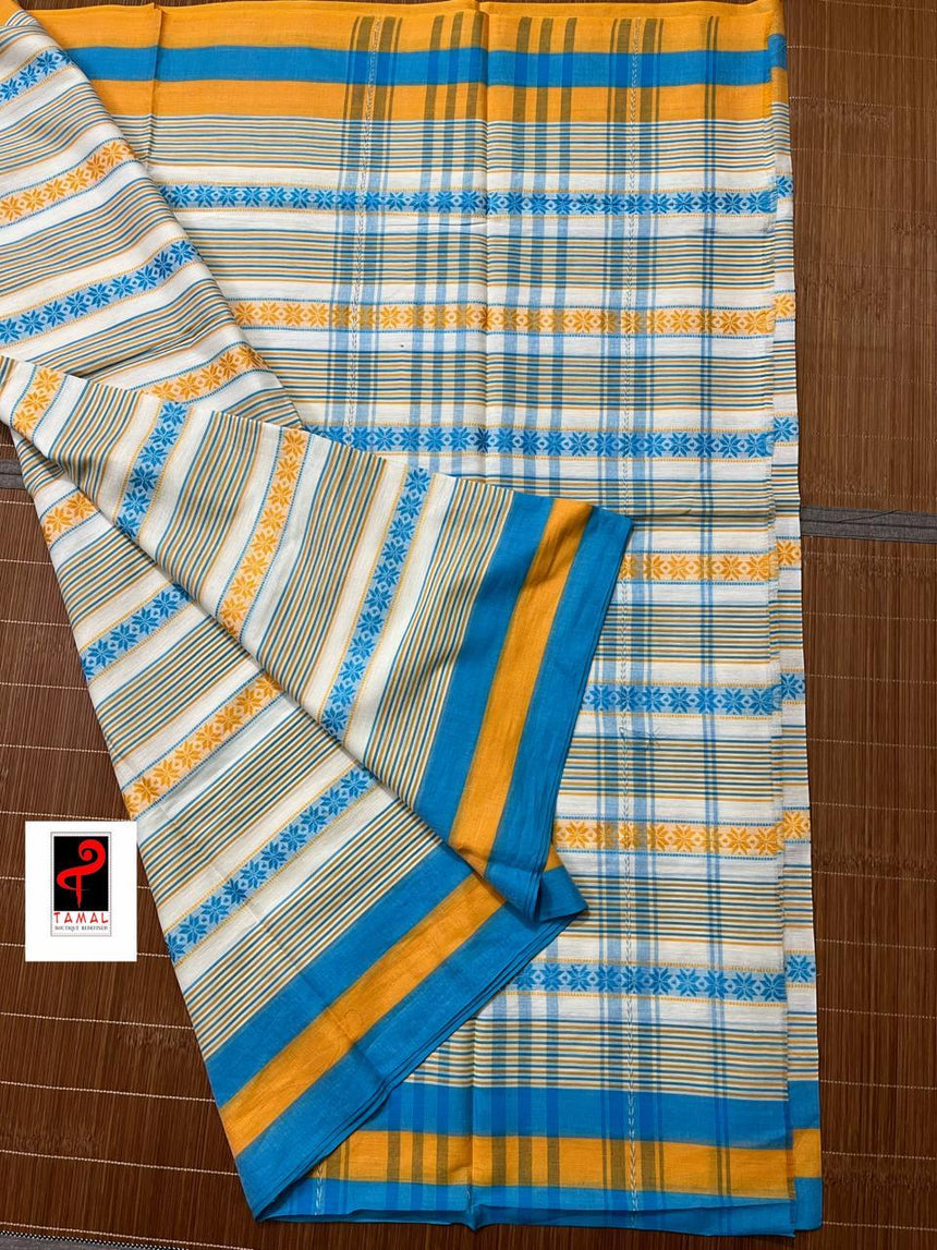 White with firoza and yellow dhonekhali cotton handloom saree - Tamal Boutique