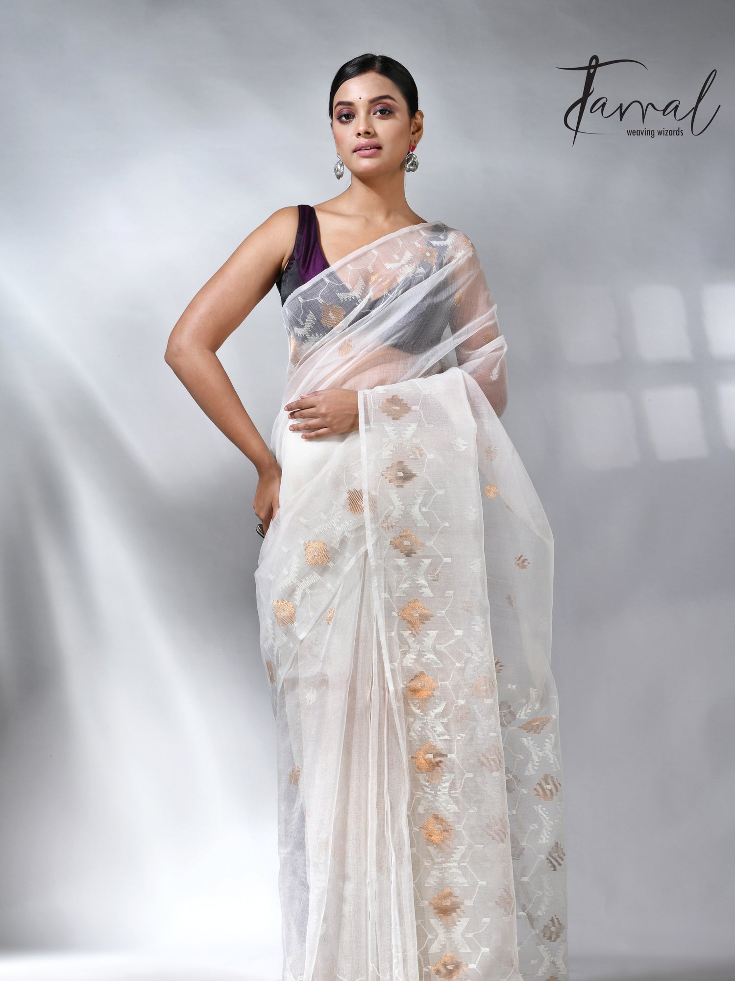 White with golden zari muslin silk handwoven jamdani saree