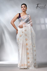White with golden zari muslin silk handwoven jamdani saree