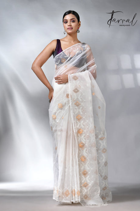 White with golden zari muslin silk handwoven jamdani saree