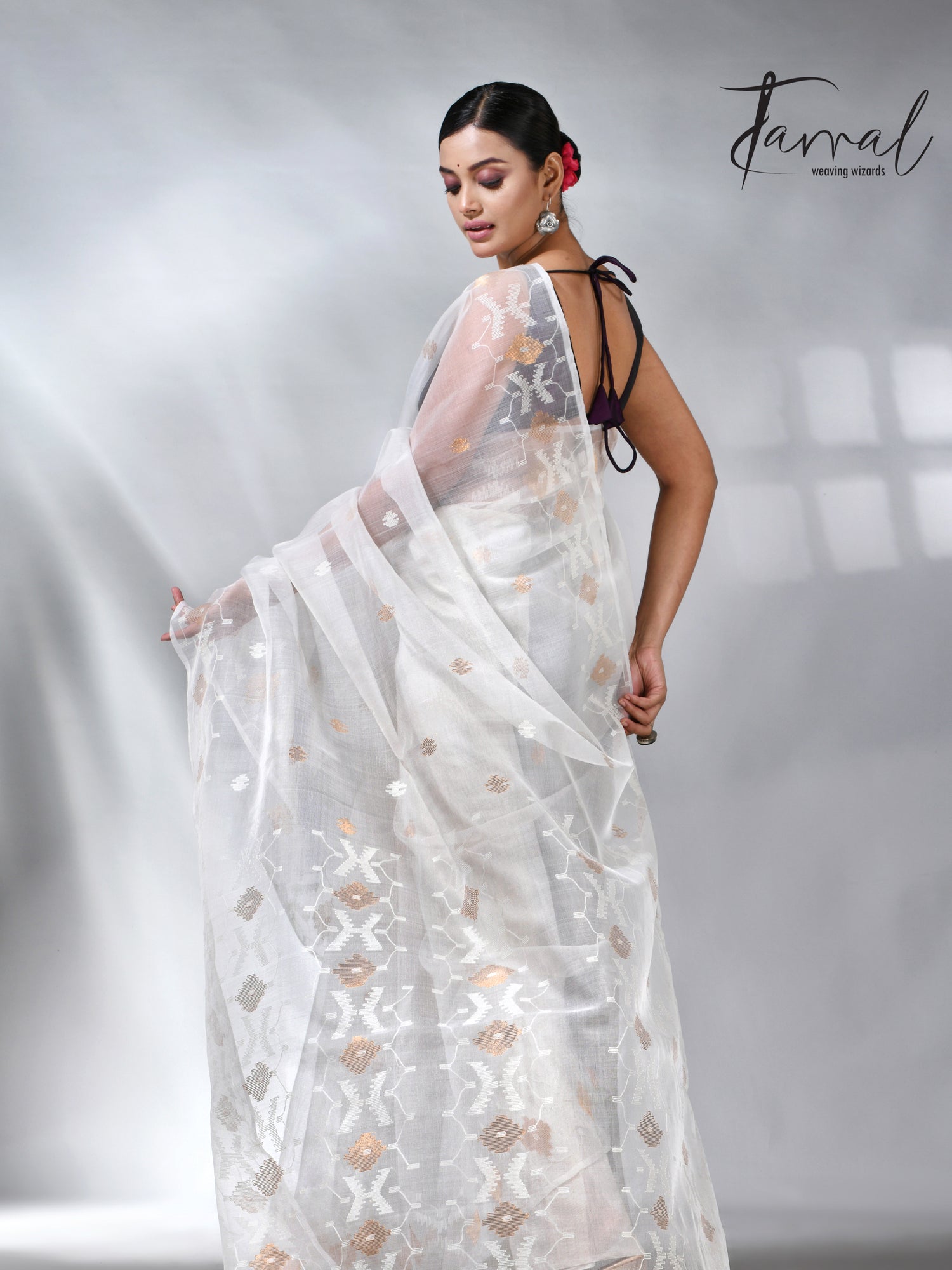 White with golden zari muslin silk handwoven jamdani saree