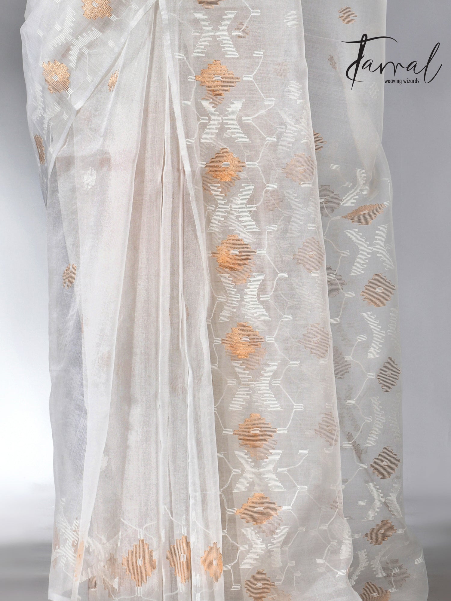 White with golden zari muslin silk handwoven jamdani saree
