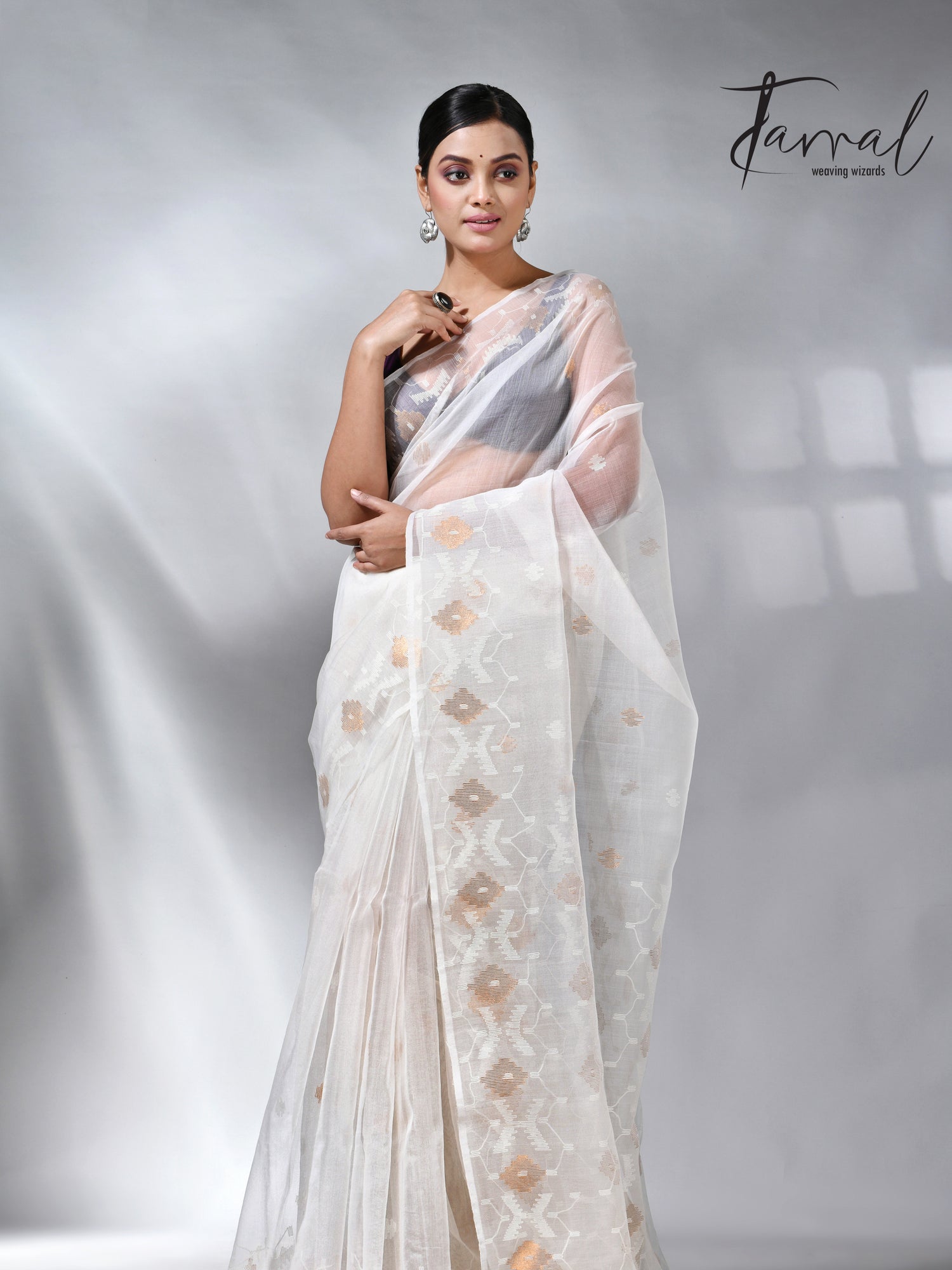 White with golden zari muslin silk handwoven jamdani saree