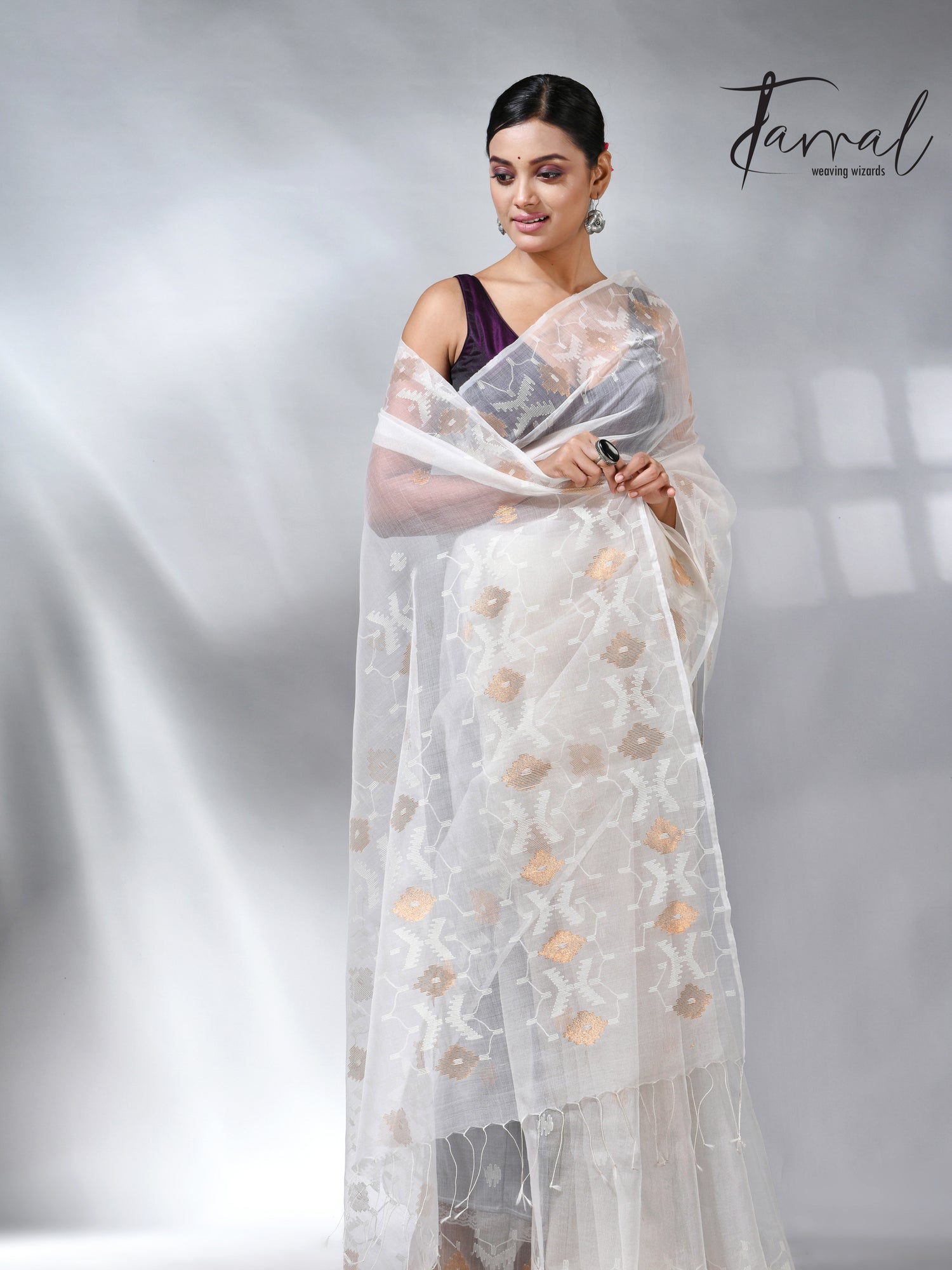 White with golden zari muslin silk handwoven jamdani saree