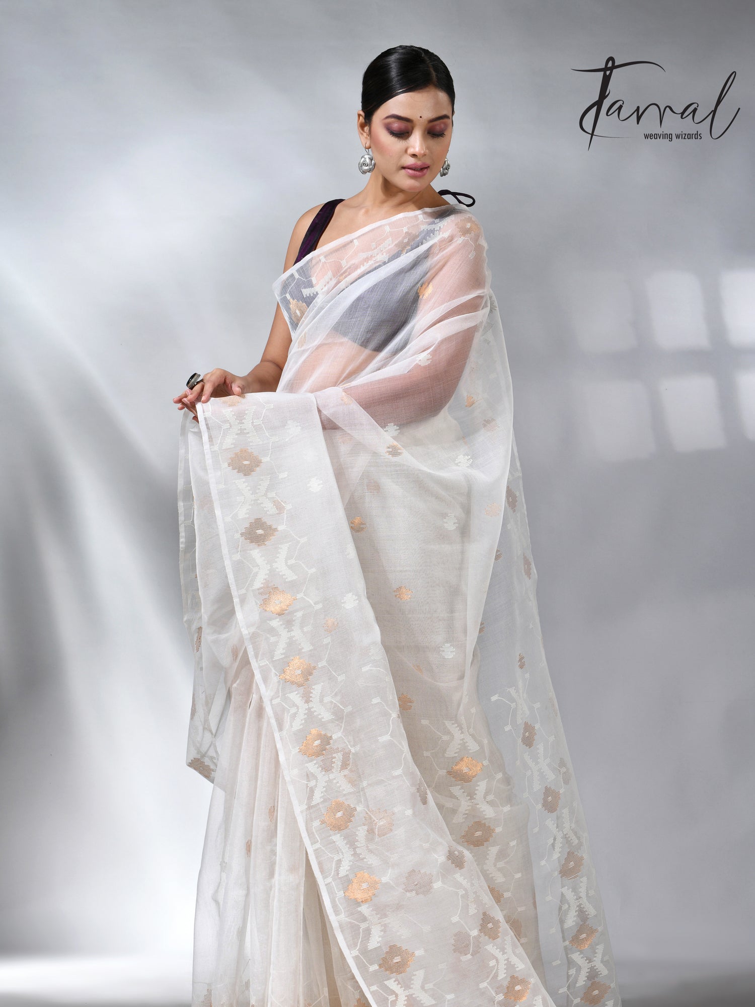 White with golden zari muslin silk handwoven jamdani saree