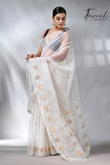 White with golden zari muslin silk handwoven jamdani saree