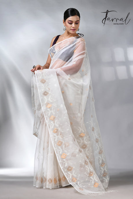 White with golden zari muslin silk handwoven jamdani saree