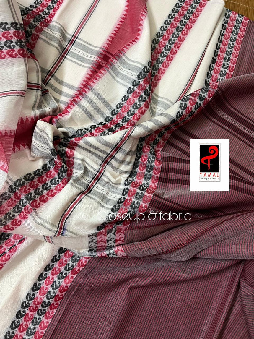 White with maroon and black dhonekhali cotton handloom saree - Tamal Boutique