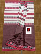 White with maroon and black dhonekhali cotton handloom saree - Tamal Boutique
