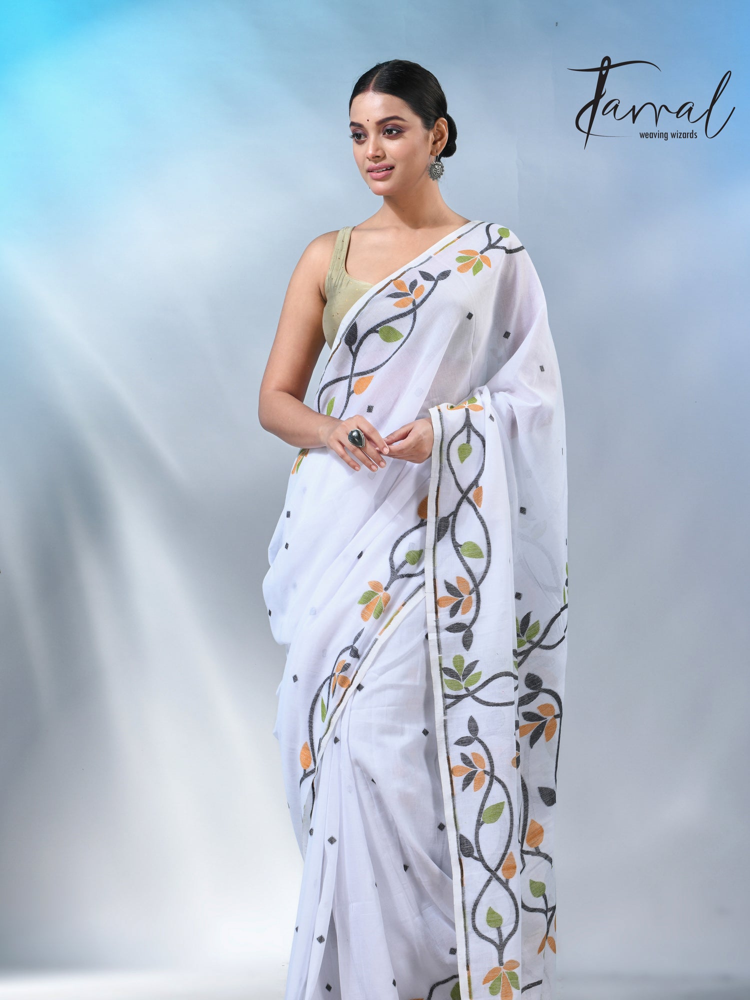White with multicolor pure cotton handloom jamdani work saree