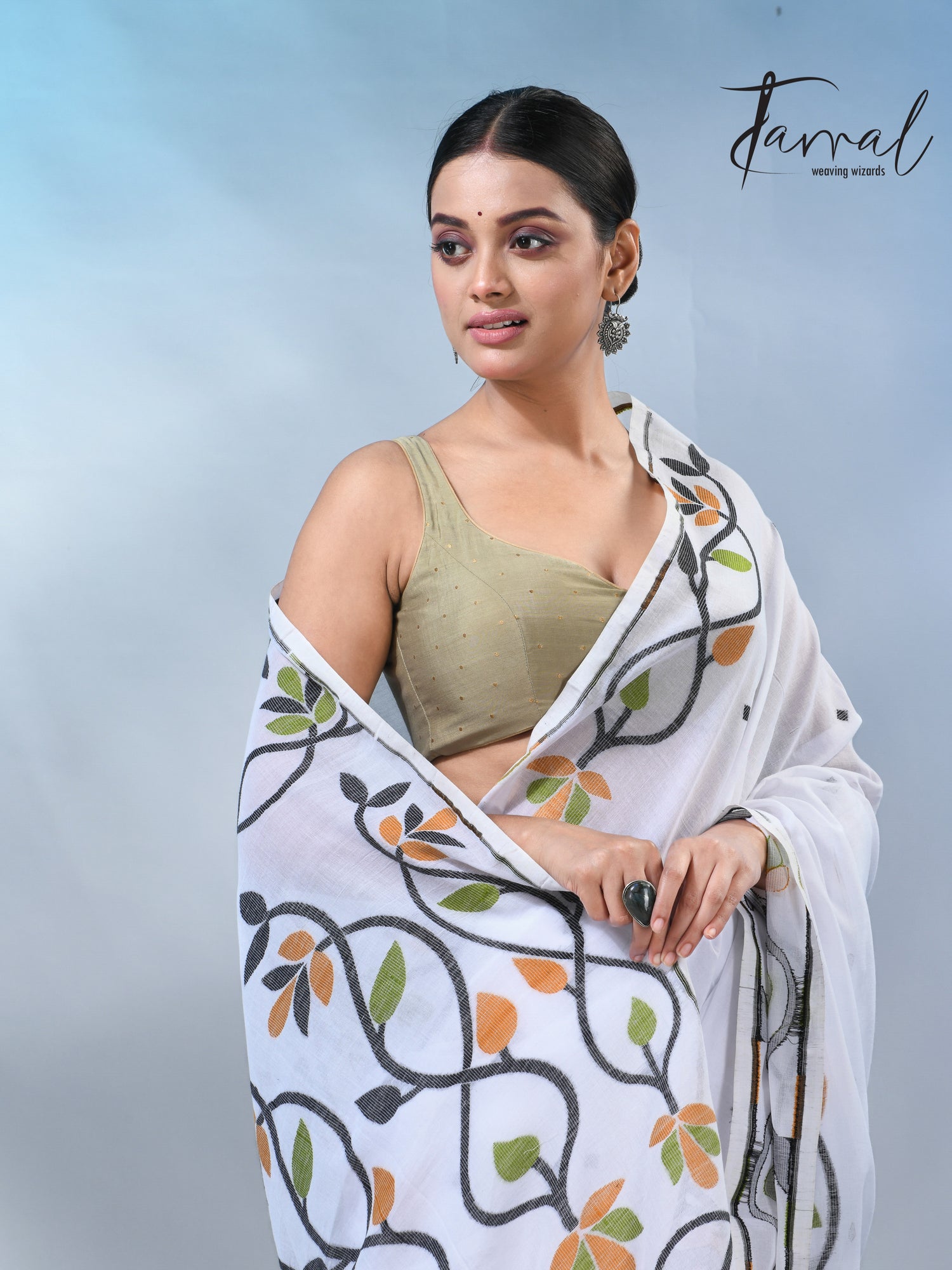 White with multicolor pure cotton handloom jamdani work saree