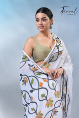 White with multicolor pure cotton handloom jamdani work saree