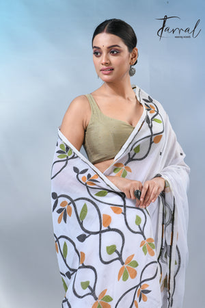 White with multicolor pure cotton handloom jamdani work saree
