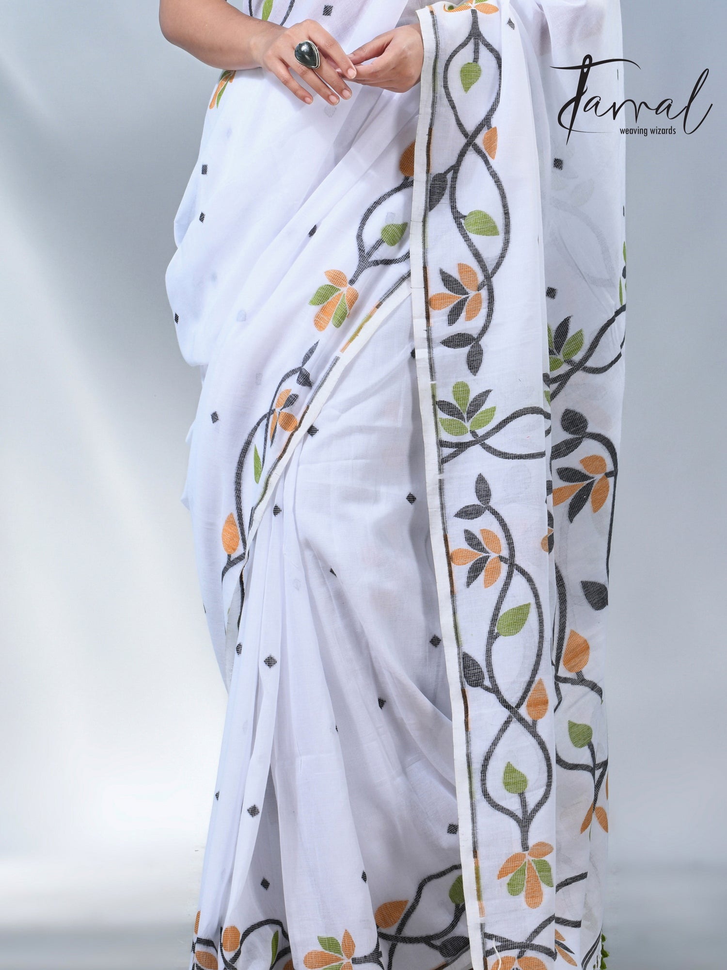 White_with_multicolor_pure_cotton_handloom_jamdani_work_saree