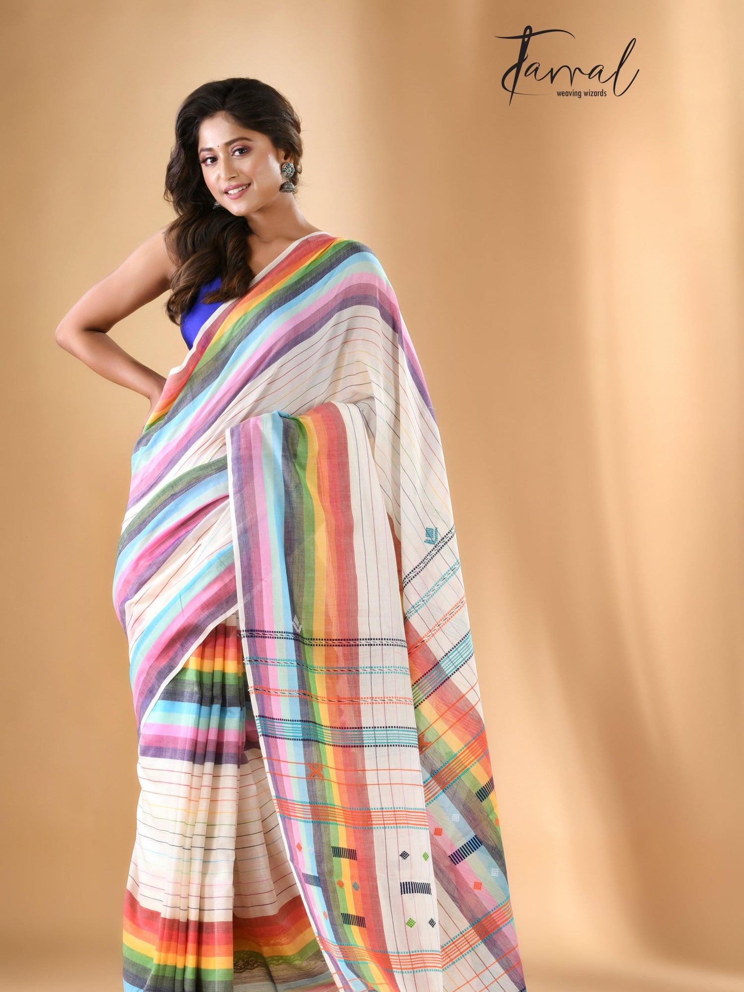 White with multicolour bhujodi design cotton handloom saree